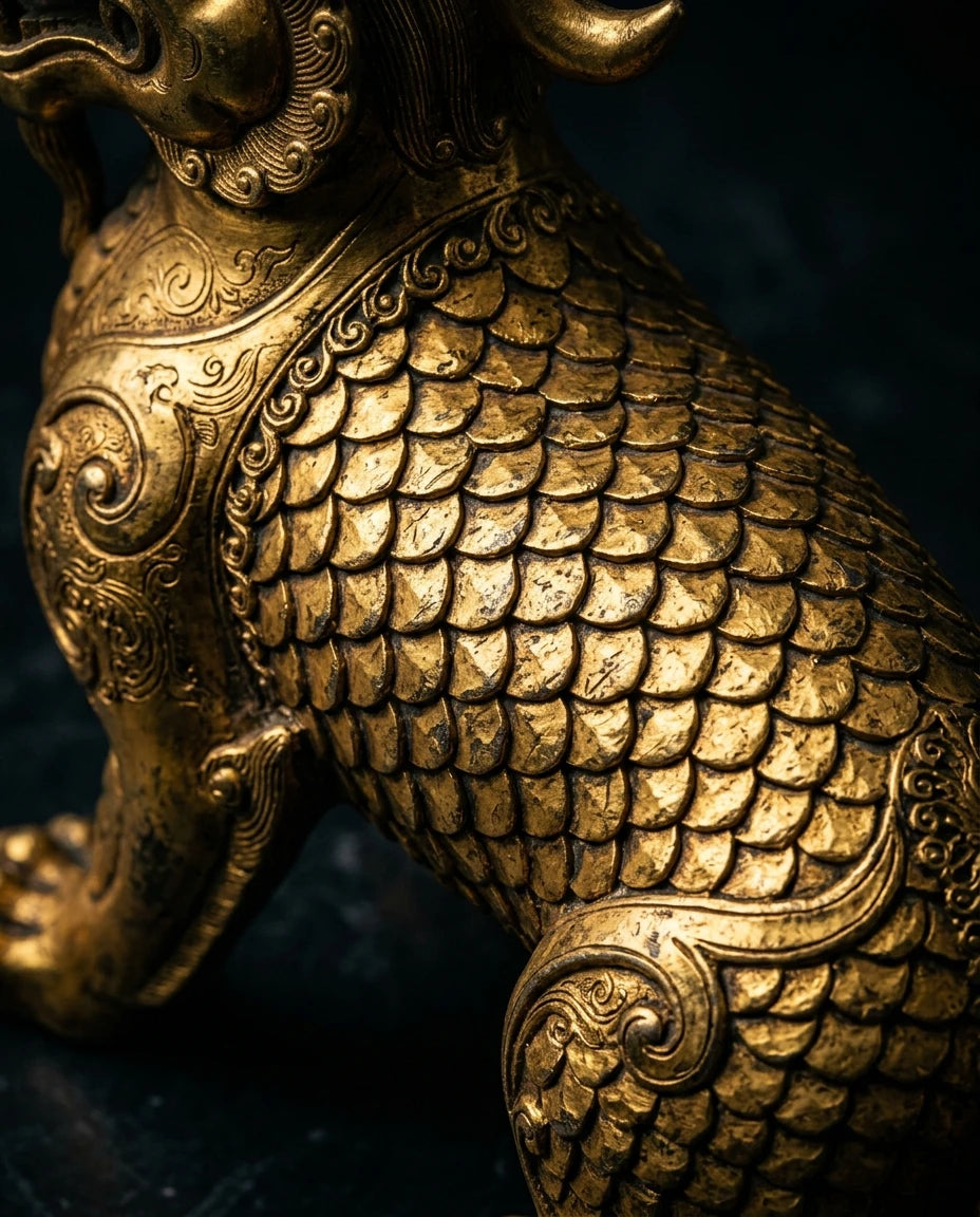 Pixiu bracelet detail - gold Pixiu carving close-up