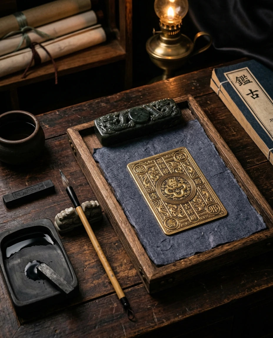 Taoist gold amulet card on desk - size reference