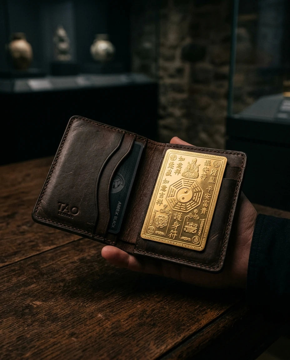 Taoist gold amulet card in wallet - lifestyle scene