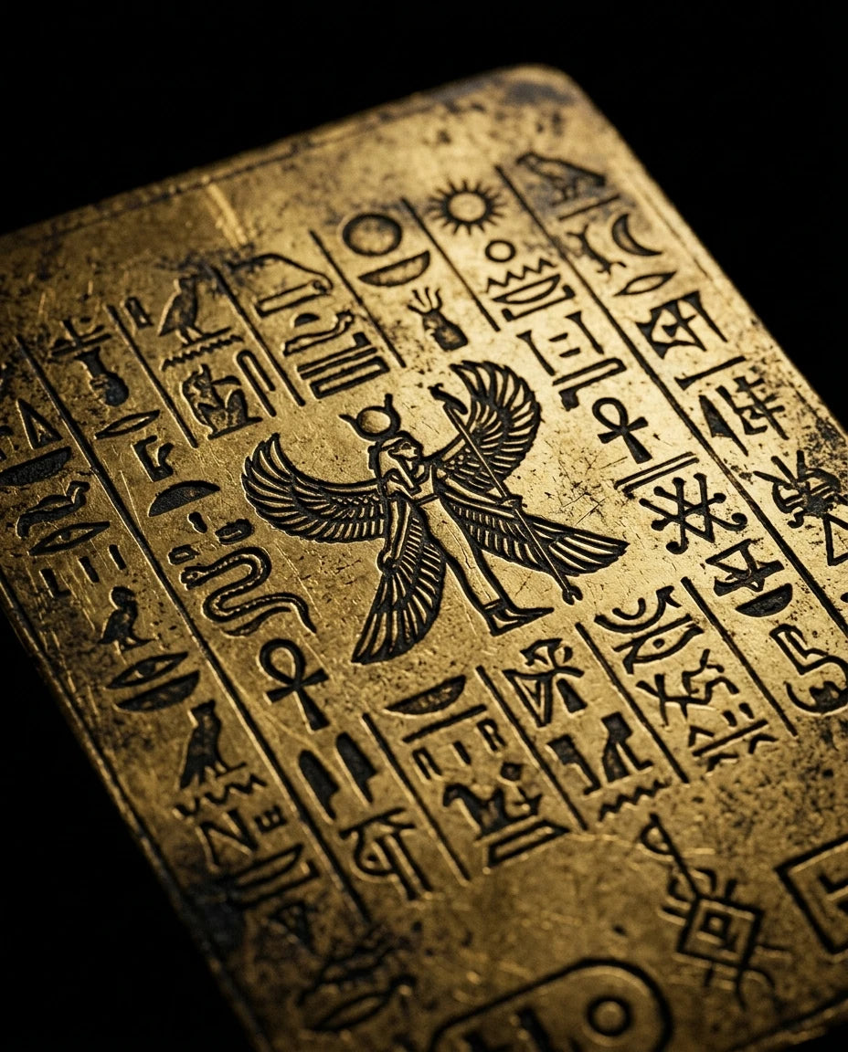 Taoist gold amulet card detail - etched calligraphy close-up