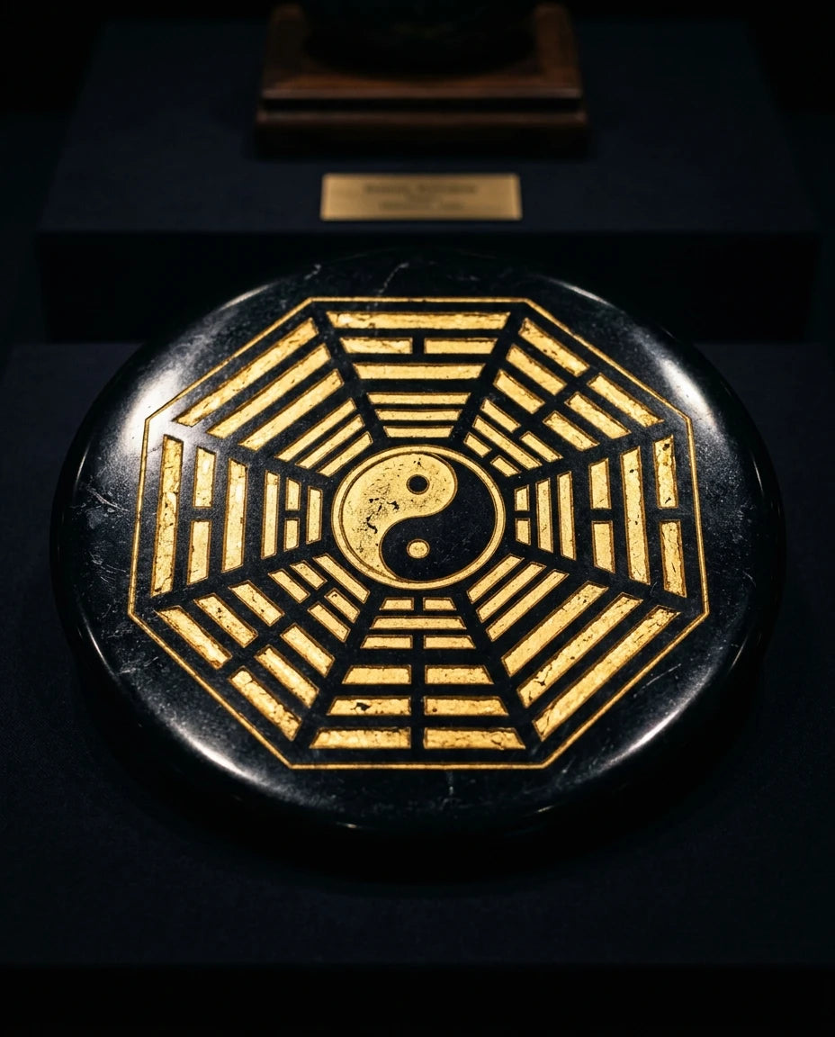 Circular black obsidian ritual plate with traditional carvings - main view