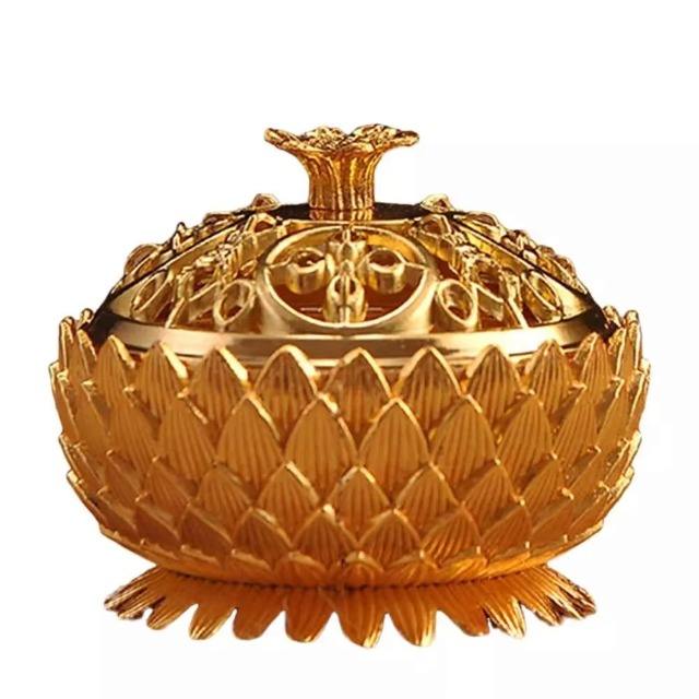 Hand-crafted lotus-shaped brass incense burner - main view
