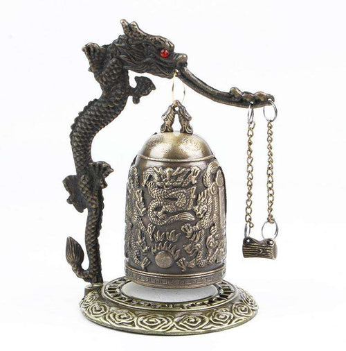 Antique bronze bell with dragon and phoenix carvings - main view